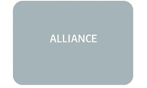 Alliance - vit text på grå bakgrund.