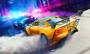 Bild från spelet Need for Speed HEAT med en svart och en gul racerbil som står mittemot varandra i lila neonljus.