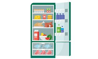 Illustration av öppet kylskåp med mat i
