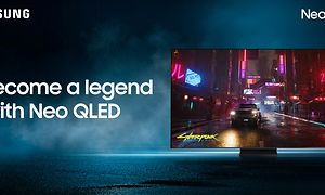 Banner för Samsung Neo QLED-gaming-TV med bild på en TV och text på blå bakgrund.