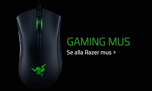 Bild på en svart gamingmus med gröna detaljer ocg texten gamingmus i grönt på svart bakgrund. 