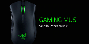 Bild på en svart gamingmus med gröna detaljer ocg texten gamingmus i grönt på svart bakgrund. 