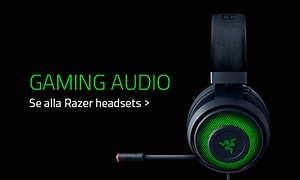 Bild på svart headset med mikrofon och gröna detaljer, samt grön text på svart bakgrund. 
