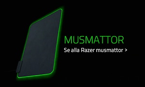 En svart musmatta från Razer med självlysande grön kant och grön text på svart bakgrund. 