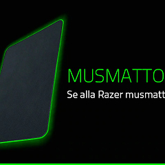 En svart musmatta från Razer med självlysande grön kant och grön text på svart bakgrund. 