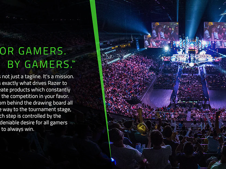 Gamingprodukter Razer med bild på en stor arena med en scen och massa publik. Text till vänster i bild på svart bakgrund. 