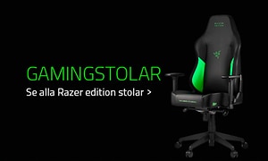 Svart gamingstol med gröna detaljer från Razer och grön text på svart bakgrund. 