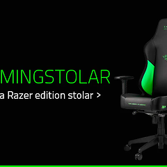 Svart gamingstol med gröna detaljer från Razer och grön text på svart bakgrund. 