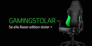 Svart gamingstol med gröna detaljer från Razer och grön text på svart bakgrund. 