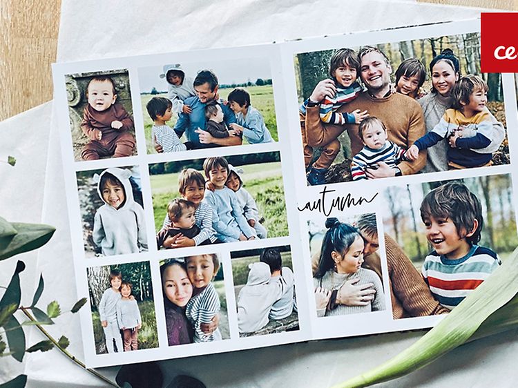 Bild på fotobok med familjebilder och en vit tulpan som ligger vid nederkanten.