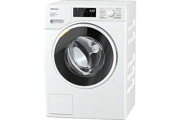 En vit tvättmaskin med en kapacitet på 8 kg från Miele.