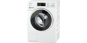 En vit tvättmaskin med en kapacitet på 8 kg från Miele.