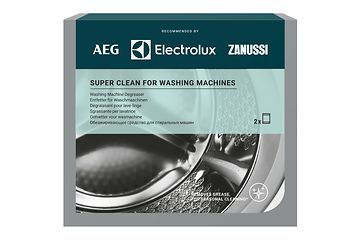 Electoolux superrengöring med avfettningsmedel i en box som är grå och grön färgad och har en bild på en tvättmaskinstrumma. 