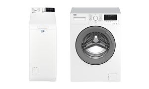 En toppmatad tvättmaskin bredvid en frontmatad tvättmaskin.