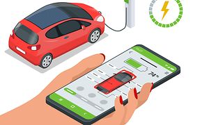 Elbilsladdare: Illustration av en smartphone som visar en bil och ett batteri.