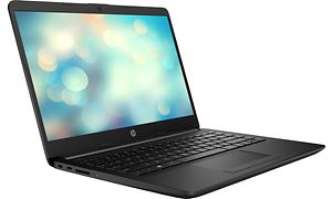 En svart bärbar dator från HP Laptop som är uppfälld och visar blått bubbelmönster på skärmen. 
