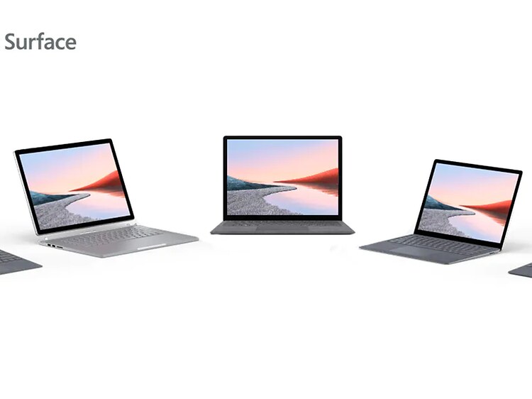 Microsoft Surface familjen, fem olika varianter av bärbara datorer uppställda i en halvcirkel. 