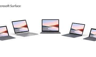 Microsoft Surface familjen, fem olika varianter av bärbara datorer uppställda i en halvcirkel.