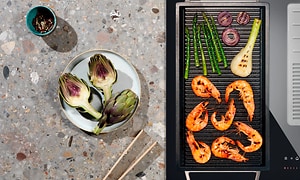 Plate with grilled vegetables and a plancha grill
