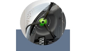 iRobot underifrån med närbild på en grön borste och pilar som visar hur den snurrar och damm som sugs upp. 