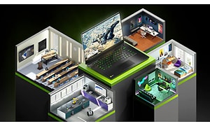 Illustration: En bärbar dator med olika rum som omger den.