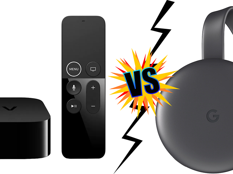 Apple TV med fjärrkontroll och en Chromecast, blixt som delar bilden i två och text vs.
