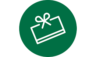 Presentkort med rund logga, vit symbol på grön bakgrund.