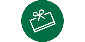 Presentkort med rund logga, vit symbol på grön bakgrund. 