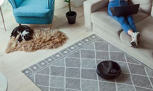 Katt och robotdammsugare på golvet, och en kvinna i en soffa