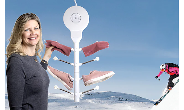 Kollage med Hedgehog Hanger -torktumlaren med skor på en kvinna och människor som åker skidor i bergen