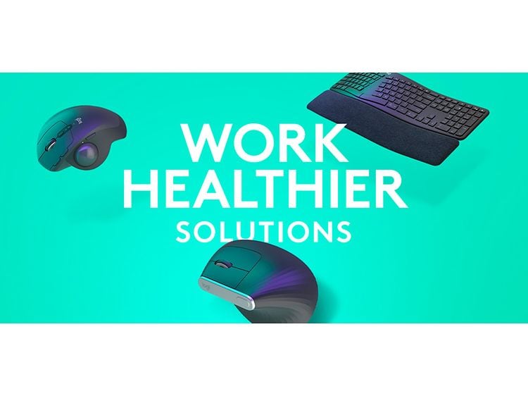 Tangentbord och möss på grön bakgrund med texten "Work healthier solutions"