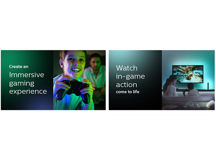 Philips Hue hemmabio gaming. En pojke med konsol i händerna och ett par framför en TV.