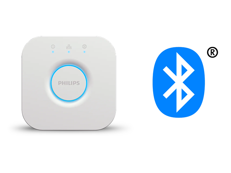 Philips Hue Filament (en vit dosa med knapp i mitten och blått ljus) och Bluetooth-symbol.