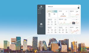 Airthings dashboard framför bild över ett stadslandskap