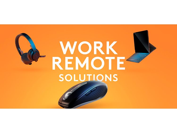 Headset, mus och surfplatta på orange bakgrund med texten "Work Remote Solutions"
