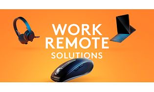 Headset, mus och surfplatta på orange bakgrund med texten "Work Remote Solutions"