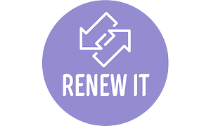 RENEW IT- ikon och text mot lila bakrund - Rund