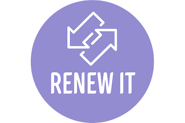 RENEW IT- ikon och text mot lila bakrund - Rund