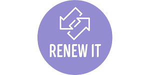 RENEW IT- ikon och text mot lila bakrund - Rund