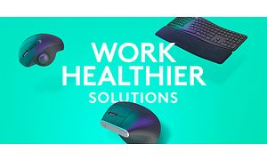 Mice and keyboard on green background with text "Work healthier solutions"