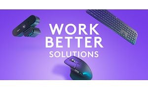 Mouse, camera and keyboard on purple background with text "Work better solutions"