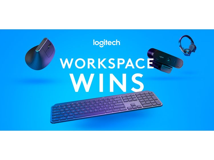 Mouse, headset and keyboard on blue background with text "Logitech Workspace Wins"