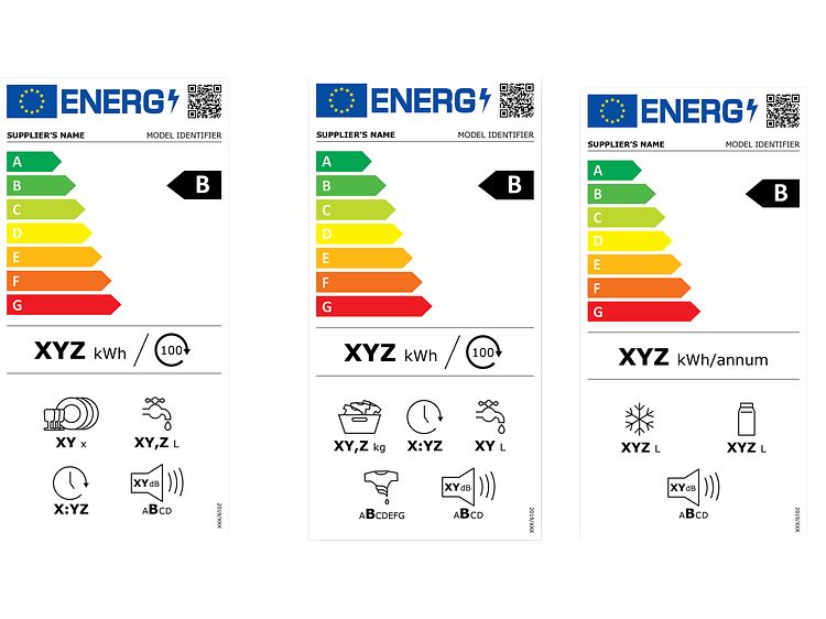 Energimärken för diskmaskin, tvättmaskin och kylprodukter.