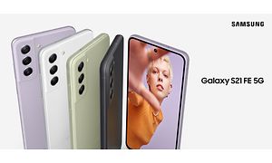 Samsung Galaxy S21 FE in different colours on banner