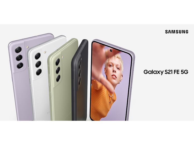 Samsung Galaxy S21 FE in different colours on banner