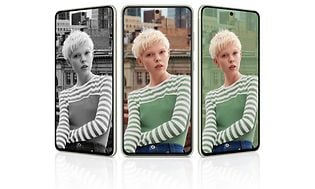 Samsung Galaxy S21 FE phones next to each other with an image of a woman on the display