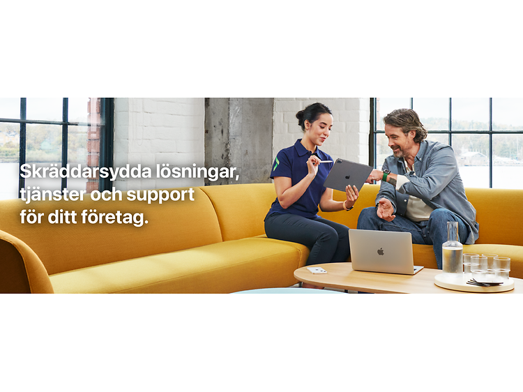Woman and man sitting with iPad and text about tailormade Apple solutions