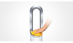 Illustration av Dyson Hot & Cool-fläkt och en hand som torkar av den.
