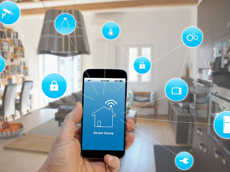 Illustration av smartphone med massor av anslutningar för ett smart hem