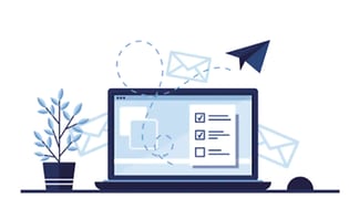 En illustration över en laptop som står på ett skrivbord med ett pappersflygplan som symboliserar ett mail som skickas.